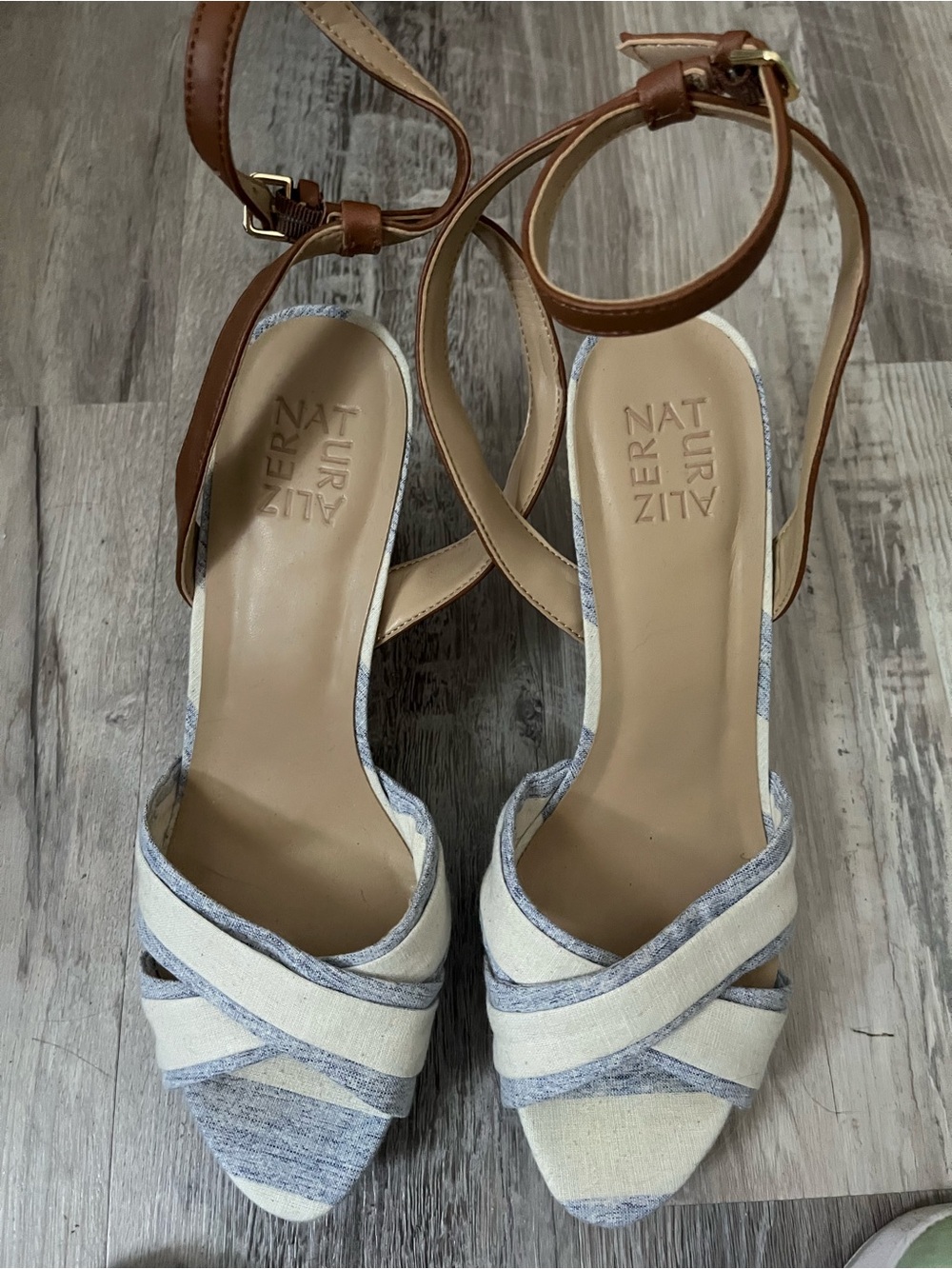 Naturalizer Cream and Brown Strappy Ankle‑Tie Sandals